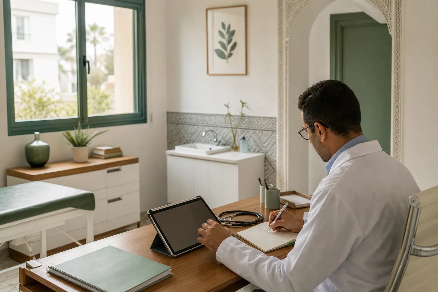 Médecin organisant ses notes entre une tablette et un carnet dans un cabinet marocain